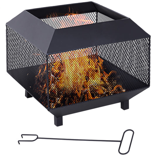 Metal Square Fire Pit Outdoor Mesh Firepit Brazier W/ Lid, Log Grate, Poker For Backyard, Camping, Bonfire, Wood Burning Stove, 44 X 44 X 40cm, Black