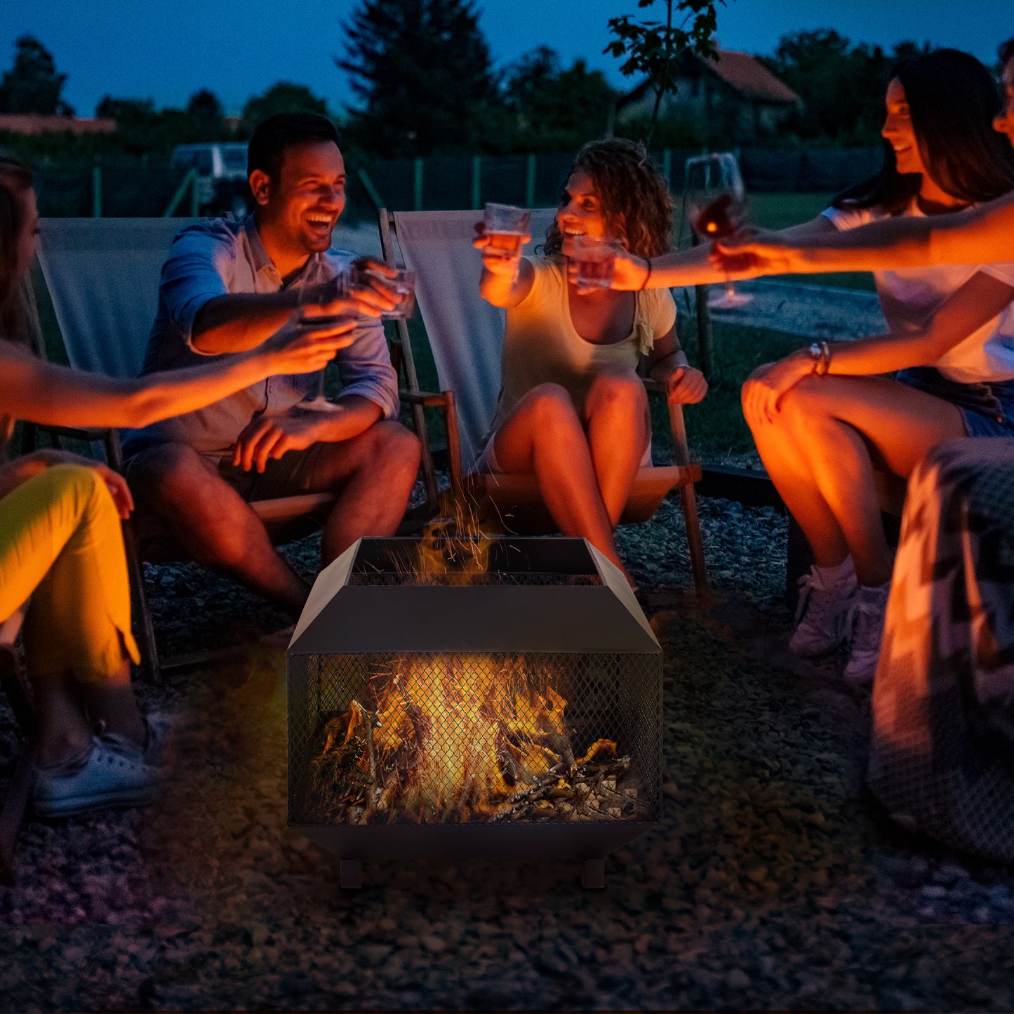 Metal Square Fire Pit Outdoor Mesh Firepit Brazier W/ Lid, Log Grate, Poker For Backyard, Camping, Bonfire, Wood Burning Stove, 44 X 44 X 40cm, Black
